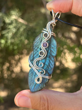 Load image into Gallery viewer, Labradorite feather with rutile and amethyst gem accents wire wrapped pendant necklace