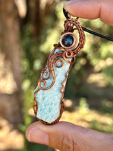 Load image into Gallery viewer, Raw Amazonite with Blue Kyanite gem accent wire wrapped pendant necklace