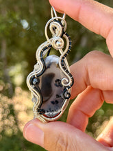 Load image into Gallery viewer, Dendritic opal with snowflake obsidian + labradorite gem accent wire wrapped pendant necklace