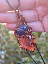 Load image into Gallery viewer, Iolite + sunstone double decker wire wrapped pendant necklace