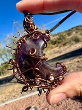Load image into Gallery viewer, Reserved for halla l Amethyst Moon with Moonstone Gem inclusions Wire Wrapped Pendent Necklaces
