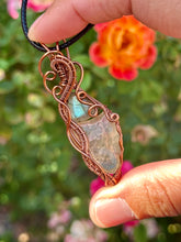 Load image into Gallery viewer, Labradorite + Libyan desert glass double wire wrapped pendant necklace