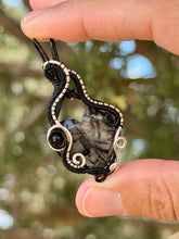 Load image into Gallery viewer, Rutile quartz heart with onyx gem stone accents wire wrapped pendant necklace