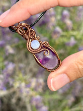 Load image into Gallery viewer, Trapiche Amethyst with Blue chalcedony gem accents wire wrapped pendant necklace