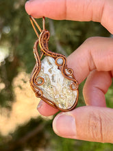 Load image into Gallery viewer, Artisan cab (johari gems) Ocean Jasper with aquamarine gem accent wire wrapped pendant necklace