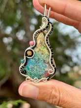 Load image into Gallery viewer, Artisan cab (positive rock) rainbow moss agate with rhodonite, citrine, blue apatite gem accents wire wrapped pendant necklace