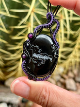 Load image into Gallery viewer, Artisan cab (Marina Rabinskaya) black onyx with amethyst + blue goldstone wire wrapped pendant necklace