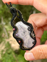 Load image into Gallery viewer, Artisan cab (positive rock) purple imperial jasper with maroon mookaite + amethyst gem accents wire wrapped pendant necklace