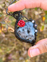 Load image into Gallery viewer, Larvikite with labradorite + strawberry quartz gem accents wire wrapped pendant necklace