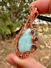 Load image into Gallery viewer, Reserved for Ann c Larimar + Ruby + Sapphire Wire Wrapped Pendent Necklace