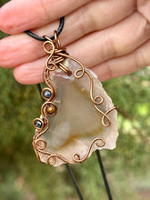 Load image into Gallery viewer, Agate with sapphire + tigers eye gem accents wire wrapped pendant necklace