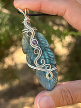 Load image into Gallery viewer, Labradorite feather with rutile and amethyst gem accents wire wrapped pendant necklace