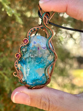 Load image into Gallery viewer, ARTISAN STONE (Ibrahim Opic) Blue (dyed) plume agate with raspberry jade + blue kyanite gem accents wire wrapped pendant necklace