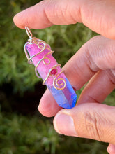 Load image into Gallery viewer, Cotton candy aura quartz with raspberry jade gem accent mini wire wrapped pendant necklace
