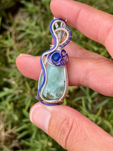 Load image into Gallery viewer, Hemimorphite with blue sea glass gem Accent wire wrapped pendant necklace