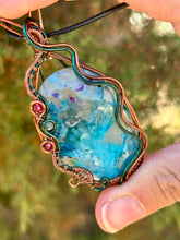 Load image into Gallery viewer, ARTISAN STONE (Ibrahim Opic) Blue (dyed) plume agate with raspberry jade + blue kyanite gem accents wire wrapped pendant necklace