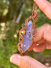 Load image into Gallery viewer, Artisan cab (positive rock) grape agate with sapphire + mother of pearl gem accents wire wrapped pendant necklace