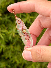 Load image into Gallery viewer, Watermelon aura quartz with peridot gem accents mini wire wrapped pendant necklace