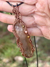 Load image into Gallery viewer, Smoky citrine with tigers eye + sunstone gem accents wire wrapped pendant necklace