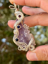 Load image into Gallery viewer, Artisan cab (positive rock) half polished grape agate with lapis lazuli + pearl gem accents wire wrapped pendant necklace