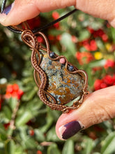 Load image into Gallery viewer, Faceted Pietersite with sapphire + Rhodonite gem inclusions wire wrapped pendant necklace