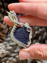 Load image into Gallery viewer, Artisan cab (Casdans) Blue goldstone with amethyst + Opalite gem accents wire wrapped pendant necklace