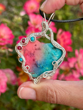 Load image into Gallery viewer, ARTISAN STONE (Ibrahim Opic) rainbow solar agate (dyed color) with turquoise + raspberry jade gem accents wire wrapped pendant necklace