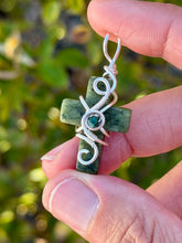 Load image into Gallery viewer, Green jade cross with chrysocolla gem accent wire wrapped pendant necklace