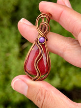 Load image into Gallery viewer, Red mookaite with raspberry jade gem accents wire wrapped pendant necklace