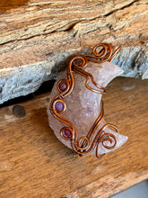 Load image into Gallery viewer, Artisan cab (positive rocks) druzy amethyst moon with ruby + amethyst gem accents wire wrapped pendant necklace
