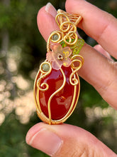 Load image into Gallery viewer, Carnelian “pumpkin” with green aventurine + green mica gem accents wire wrapped pendant necklace