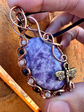 Load image into Gallery viewer, Reserved for Erin h Lepidolite with Labradorite + Sugilite gem inclusion Wire Wrapped Pendent Necklace