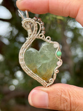 Load image into Gallery viewer, Green fluorite heart with rose quartz + turquoise gem accents wire wrapped pendant necklace