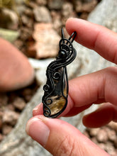 Load image into Gallery viewer, Fossilized palm root with black tourmaline mini wire wrapped pendant necklace