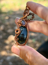 Load image into Gallery viewer, Blue Tiger eye with charoite gem accents wire wrapped pendant necklace