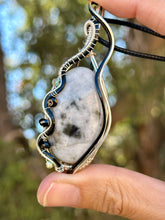 Load image into Gallery viewer, RESERVED FOR CASSANDRA H DUO TONED WIRE WHITE BUFFALO TURQUOISE with gem inclusions Wire wrapped pendent necklace