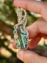 Load image into Gallery viewer, Abalone with sea sediment jasper + mother of pearl gem accents wire wrapped pendant necklace