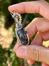 Load image into Gallery viewer, Iolite with labradorite gem accent wire wrapped pendant necklace