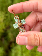 Load image into Gallery viewer, Green diopside cross with unakite gem accent wire wrapped pendant necklace