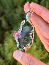Load image into Gallery viewer, Ruby in fuchsite with raspberry jade + moss agate + peridot gem accents wire wrapped pendant necklace
