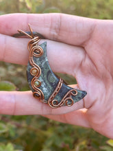 Load image into Gallery viewer, Kambaba jasper moon with tigers eye + peridot gem accents wire wrapped pendant necklace