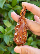Load image into Gallery viewer, Artisan cab (positive rocks) carnelian druzy with rose quartz + hematite gem accents wire wrapped pendant necklace