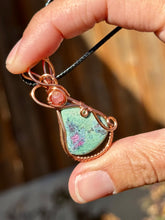 Load image into Gallery viewer, Ruby in fuchsite with Ruby gem accents wire wrapped pendant necklace