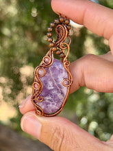 Load image into Gallery viewer, Light lepidolite with thulite + rose quartz gem accent wire wrapped pendant necklace
