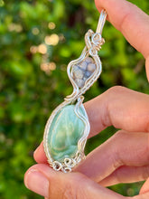 Load image into Gallery viewer, Hemimorphite with grape agate double stone wire wrapped pendant necklace