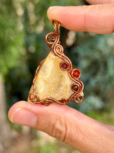 Load image into Gallery viewer, Artisan cab (positive rock) druzy carnelian with garnet + tiger eye, carnelian gem accents wire wrapped pendant necklace