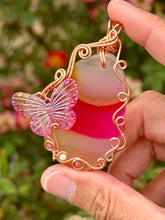 Load image into Gallery viewer, Pink agate with thulite + mother of pearl gem accents with butterfly charm wire wrapped pendant necklace