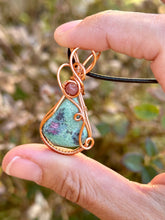 Load image into Gallery viewer, Ruby in fuchsite with Ruby gem accents wire wrapped pendant necklace