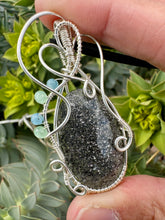 Load image into Gallery viewer, Reserved for Ann k Rose cut Black Sunstone with Gem Inclusions Wire Wrapped Pendent Necklace