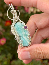 Load image into Gallery viewer, Artisan cab (johari gems) Caribbean calcite with aquamarine + amethyst gem accents wire wrapped pendant necklace
